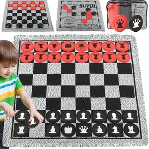 Giant 4 in 1 Checker Set Tic Tac Toe Board Game Mat Indoor Outdoor Games Camping